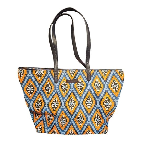 VERA BRADLEY Large Zippered Blue/Orange Printed Tote Bag - Picture 1 of 9
